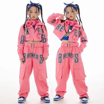 Пальто брюки Детская одежда для уличных танцев сценический костюм Розовая одежда для джазовых танцев для девочек Костюм в стиле хип-хоп с длинными рукавами