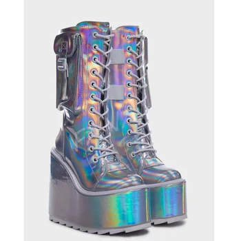 Панк-ботинки с лазерным карманным декором на плоской подошве, женская обувь на платформе и высоком каблуке, свадебные туфли с круглым носком, 2023 Zapatos Para Mujere