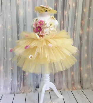 Платье для вечеринки в честь дня рождения девочки с легким шампанским, Кружевные 3D цветы, одежда для маленькой принцессы, Свадебное платье для маленьких девочек