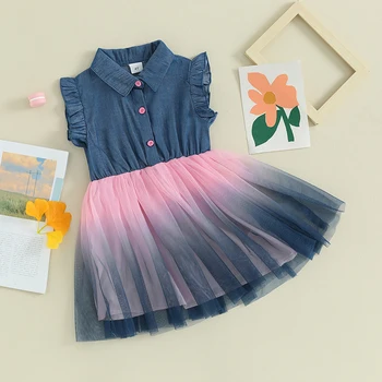 Платье для маленьких девочек из джинсовой ткани в стиле пэчворк с градиентными сетчатыми оборками, платье с рукавами-фонариками, Летнее модное платье принцессы