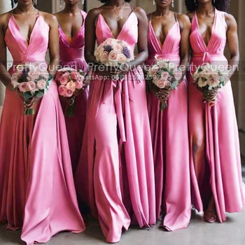 Платья подружек невесты с глубоким вырезом-спагетти, с разрезом по бокам, длинное темно-розовое платье подружки невесты