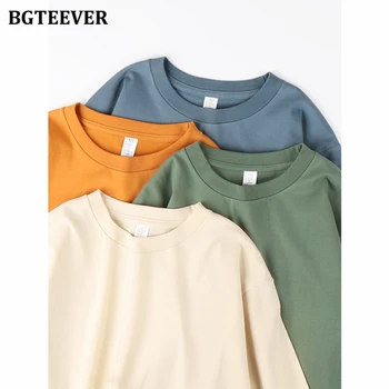 Повседневные женские хлопчатобумажные футболки BGTEEVER с круглым вырезом, осенняя мода, свободные женские пуловеры с длинным рукавом, футболки, женские базовые топы, 21 цвет.