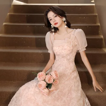 Пышное вечернее платье во французском стиле, Роскошное, расшитое бисером, с цветочным бантом, Розовые Тонкие Длинные платья, платье с квадратным воротником и пышными рукавами для вечеринки