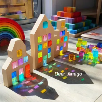 Радужные акриловые люцитовые кубики, блоки, укладка деревянного голландского домика X Кирпичей, Открытая игра, обучающие цветные игрушки для детей, подарок на день рождения