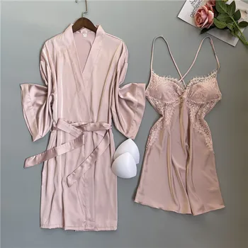 Розовое Милое Кимоно с кружевной отделкой, Халат, Комплект женской повседневной пижамы из искусственного шелка, Сексуальная ночная рубашка с V-образным вырезом и вырезами, Весеннее Новое домашнее платье
