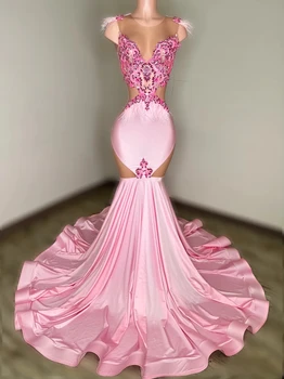 Розовые афроамериканские платья для выпускного вечера Русалка из прозрачных бисерных перьев Черные девушки Нигерия Вечерние платья Robe De Soiree Платье