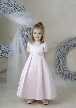 Розовые платья в цветочек для девочек, атласное платье в пол с короткими рукавами, простое платье принцессы для девочек с поясом, платье для свадебной вечеринки
