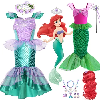 Русалочка Диснея Ариэль Платье морской принцессы для детей, косплей костюм для девочек, Детский карнавал, День рождения, одежда русалки