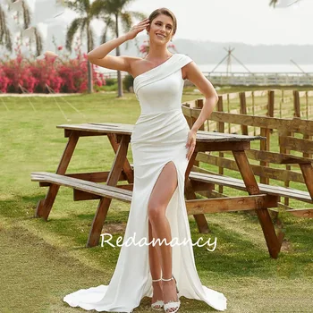 Свадебные платья из мягкого атласа Redamancy Simple на одно плечо в стиле бохо Vestidos De Novia с разрезом по бокам, Русалка, невеста без спинки 2024