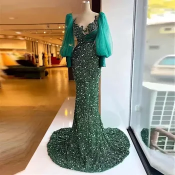 Сексуальное мерцающее темно-зеленое платье с V-образным вырезом, с запахом на бедрах, с подвернутой талией, тюлевое платье с длинным рукавом 