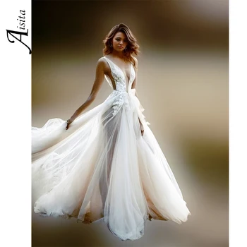 Сексуальное свадебное платье трапециевидной формы, женские платья с V-образным вырезом, кружевная аппликация, просвечивающий тюль, элегантные и красивые женские платья Vestido