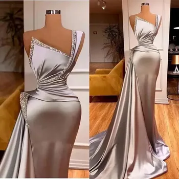Серебряные элегантные вечерние платья с кристаллами, атласное платье русалки на одно плечо, вечернее платье с оборками на заказ, Формальное