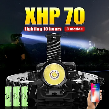 Супер яркий светодиодный налобный фонарь XHP 70 18650 Аккумуляторная фара для рыбалки, охоты, кемпинга, Водонепроницаемый головной фонарь