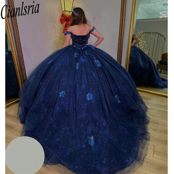Темно-Синее Бальное Платье С Блестящими Кристаллами и 3D Цветами, Пышное Платье С Открытыми Плечами, Расшитый Жемчугом Корсет, Vestidos De XV Años