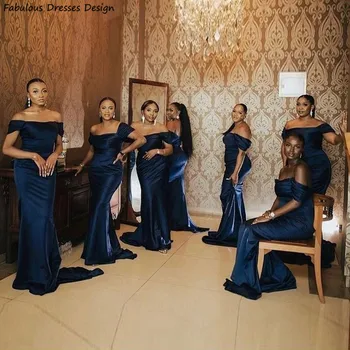 Темно-синие длинные платья подружек невесты в стиле русалки с открытыми плечами, вырезом лодочкой и шлейфом, свадебное платье для африканских женщин, подружки невесты.