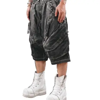 Темные брюки в стиле Techwear, свободные летние широкие шорты-карго с несколькими карманами и семью точками