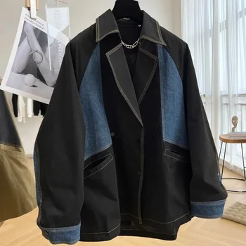 Тяжелая джинсовая куртка в стиле пэчворк, повседневная рабочая одежда, женский весенне-осенний тонкий тренч средней длины 2023, дизайнерская ниша Sense