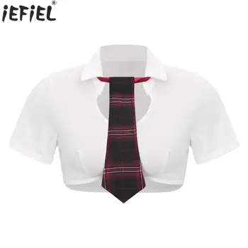 Укороченный топ японской школьницы с клетчатым галстуком, отложным воротником, глубоким вырезом, коротким рукавом, облегающим бюстгальтером, сексуальными рубашками, клубной одеждой