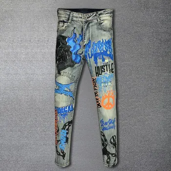 Уличная джинсовая мужская уличная одежда с абстрактным рисунком и граффити, обтягивающие джинсы для вечеринок, повседневные брюки, панталоны