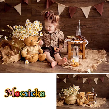 Фон для фотосъемки с украшением вечеринки, баннер, маленькая игрушка-маргаритка, Плюшевый мишка, десерт, коричневый деревянный фон, фотография маленькой девочки