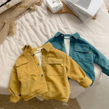 Хлопковая вельветовая рубашка для маленьких мальчиков и девочек, флисовая внутри, теплая рубашка для малышей, верхняя одежда, осень-весна-зима, детская одежда от 1 до 7 лет