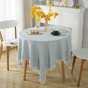 Хлопчатобумажная льняная круглая скатерть в скандинавском стиле, ткань в полоску, ресторанная скатерть для обеденного стола, однотонная трехмерная вышивка