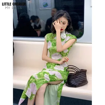 Ципао Чонсам Зеленый 2023 Новый Винтажный Принт в китайском стиле Повседневная Азиатская одежда Женская Восточная Длинная Ципао Чонг Сэм