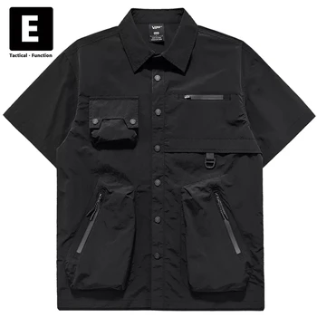 Черная футболка-карго Techwear, мужские весенне-летние рубашки с коротким рукавом, куртки, рубашка в стиле пэчворк с карманами, мужская уличная одежда