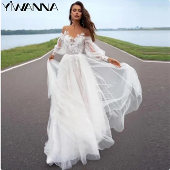 Элегантное платье с открытыми плечами для невесты, простое длинное свадебное платье трапециевидной формы, Классическое свадебное платье с кружевными аппликациями Robe De Mariée