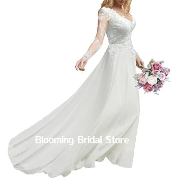 Элегантное с кружевными аппликациями шифоновое женское платье с длинными рукавами, пляжное платье невесты для женщин