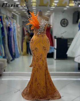 Элегантные Оранжевые платья для выпускного вечера в стиле Русалки, украшенные бисером и кристаллами, Женские Длинные вечерние платья, вечернее платье из Дубайских перьев, Большие размеры