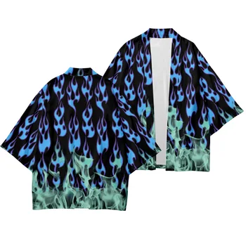 Японская Манга Кимоно с синим принтом Уличная одежда Пляжная Юката Мужчины Женщины Традиционный Кардиган Косплей Хаори Харадзюку Топы Одежда